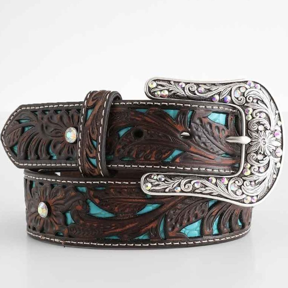 Ariat Women's Turquoise Inlay Bedazzled Floral Tooled Belt Size 26